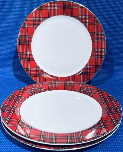 Lot Of 3 ~ Pacific Rim Red Plaid 10 3/4" Dinner Plates