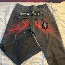 Sacred Spirit low rise flare jeans #flarejeans #y2k #alternative #wings #lowrise