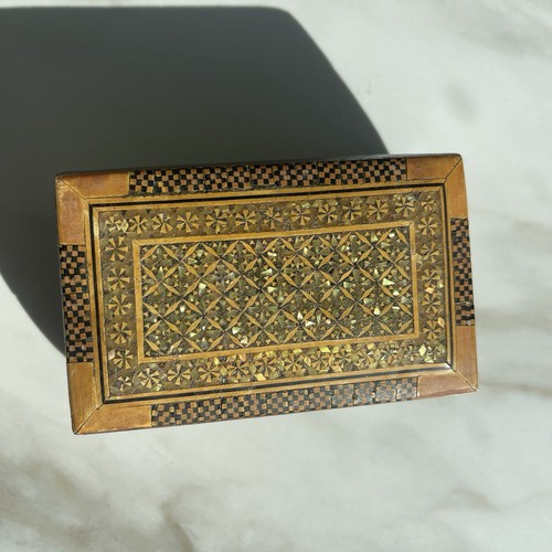 Antique Egyptian Wood Inlay Abalone Pearl Storage Box 5 x 2.75 in - Picture 2 of 9