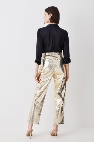 Karen Millen Tall Metallic Gold Faux Leather Straight Trousers NWT - Picture 3 of 15