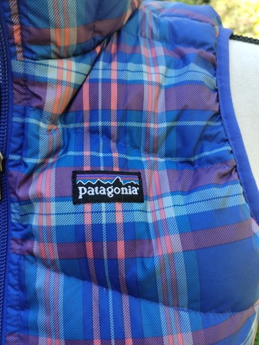 PATAGONIA Vest Girls M 10 Goose Down Puffer Plaid Full Zip Insulated Blue - Picture 5 of 12