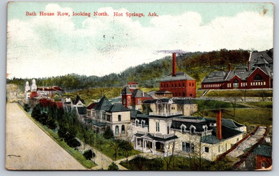 #ad Hot Springs Arkansas Bath House Row Looking North Water Works 1910 Postcard $8.00