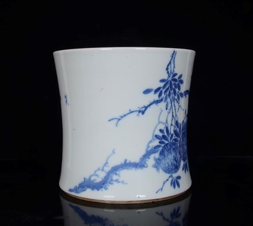 Wang Bu Signed Old Chinese Blue and White Glaze Porcelain Brush Pot w/bird - Picture 4 of 9