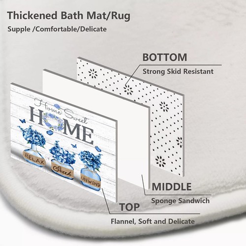 4 Stück Blau Hortensie Duschvorhang Sets, Home Sweet Badezimmer Set mit Dusche... - Bild 6 von 8