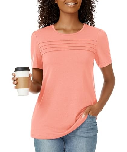 Womens Tops Short Sleeve T Shirts 2025 Trendy Dressy Casual Summer Small Coral - Picture 2 of 7