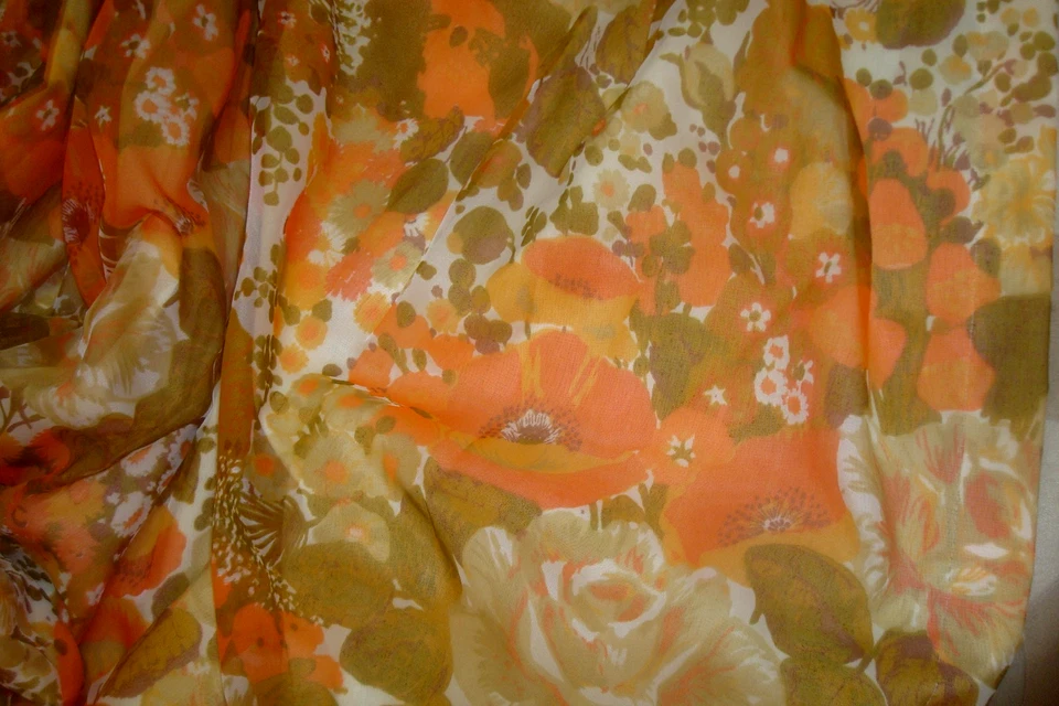 One Pr 2 pc Custom Lined DRAPES Sheer Poppy Pinch Pleat Curtains Orange 83" lg - Image 2 of 4