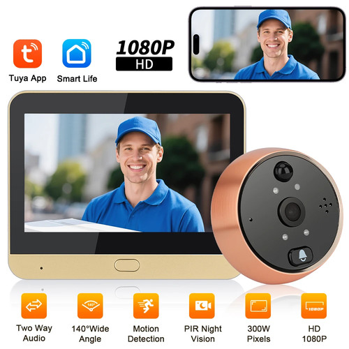 WLAN Guckloch Video Türklingel Kamera 1080P PIR Nachtsicht Bewegungserkennung Tür - Bild 1 von 20