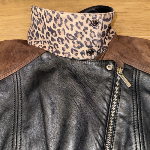 Bernardo Leather Jacket Leopard Print Asymmetrical Zip Moto Black Brown Size S - Picture 10 of 13