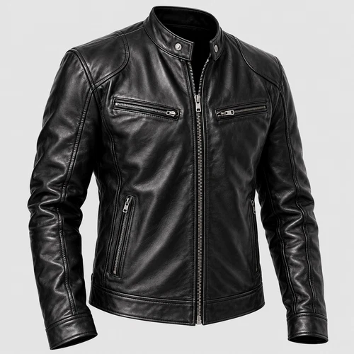 Men's Black Genuine Leather Biker Jacket Cafe Racer Zip Up Motorcycle Style - product listing photo