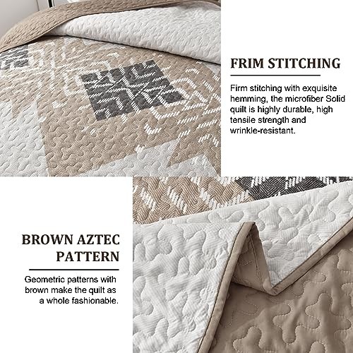 Braunes Boho Quilt Set Queen, 3-teilig Aztekenstruktur Queen 90"×96" Khaki Braun - Bild 5 von 7