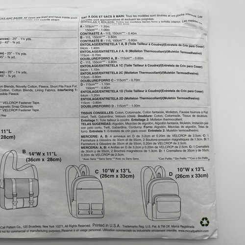 McCall's M6410 Backpack Or Shoulder Bag Lined W Inside Pockets Uncut - Picture 4 of 4