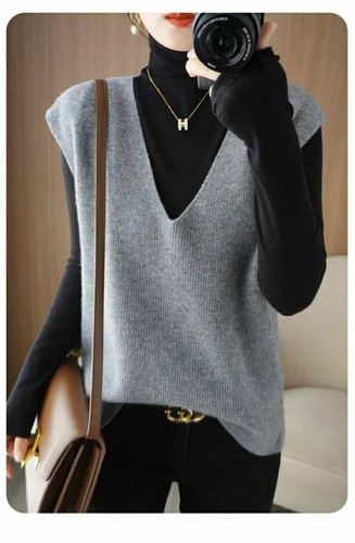 Women Knitted Sweaters Vest Loose Coat V-neck Solid Casual Sleeveless Tops - Bild 17 von 27