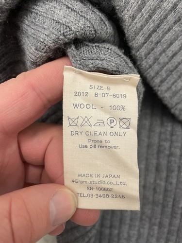 45rpm Japan Wollpullover mit Rundhalsausschnitt wattiert gerippt grau 5 L - Bild 8 von 8