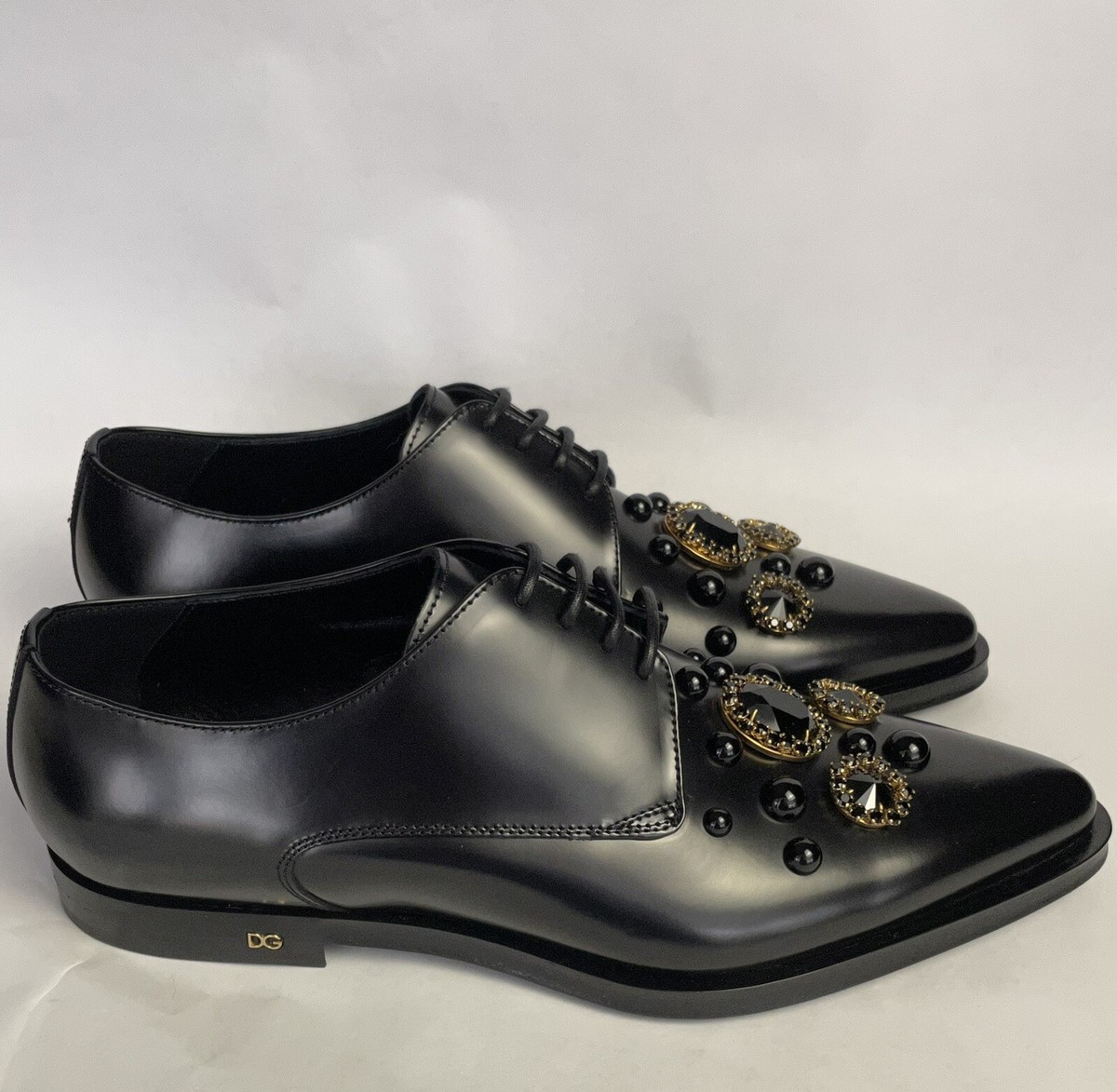 Dolce Gabbana Crystal Embellished Leather Derby Dress Shoes Size UK 7