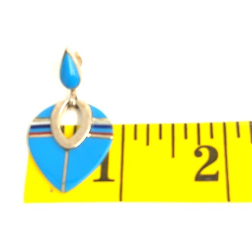 Vtg Signed Sterling Southwest Zuni Inlay Multi Stone Teardrop Dangle Earrings - Picture 6 of 8