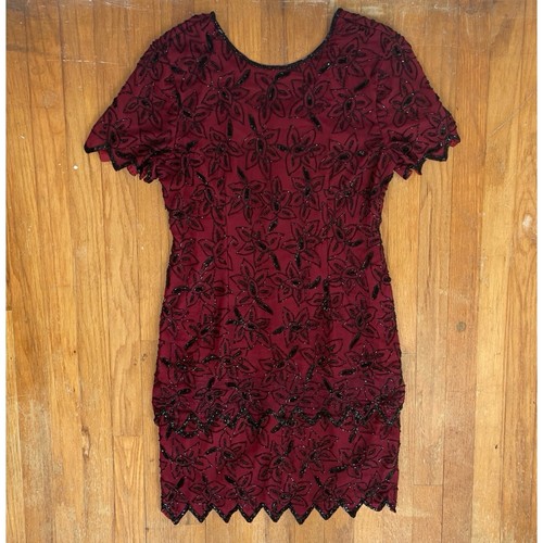 Vintage Beaded Silk Dress Womens Size Small 1990s Burgundy Red Fancy Embellished - Picture 5 of 6