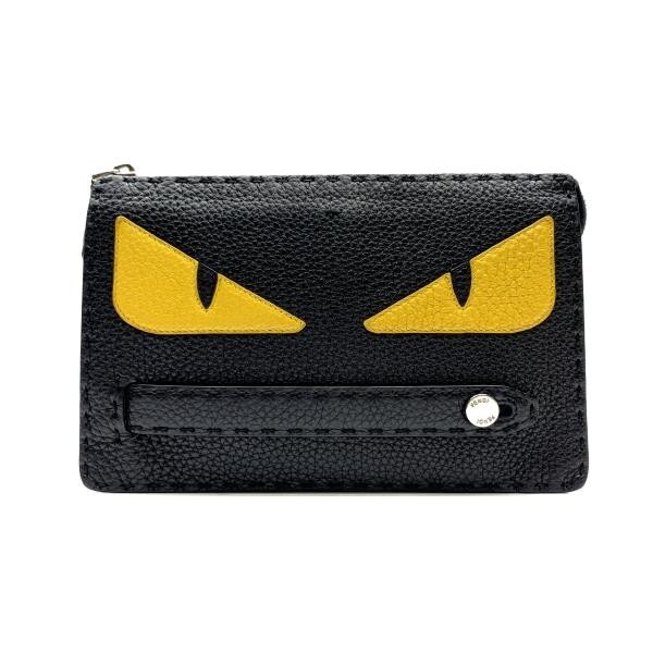 FENDI バグズアイ ケース レザー ブラック コンパクト FENDI Clutch Bag Second Bag Black Yellow Bugs Eye 7VA350 Zipper