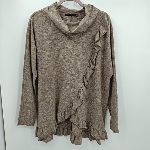 Doe Rae Bluse Top Größe L Wasserfallausschnitt Tunika Dusty Brown