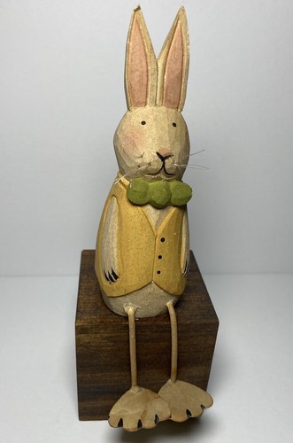 Vintage Bunny Rabbit Shelf Sitter Figure Wood Metal Feet Easter Vest Bow Tie