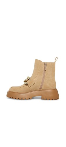 Steve Madden Cleo Taupe Suede Chunky Lug Sole Curb Chain Round Toe Ankle Boots - Picture 8 of 9