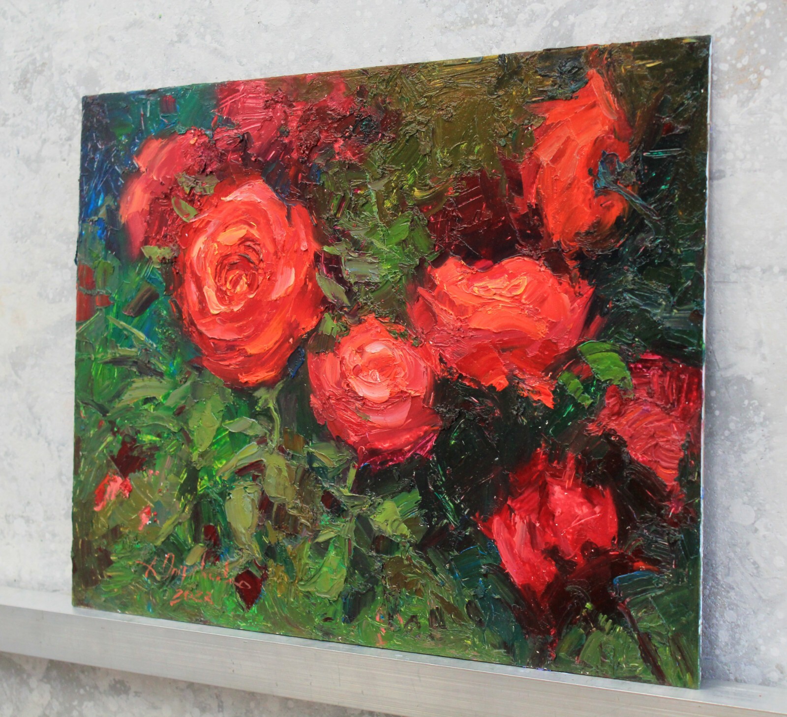Red roses Original painting IMPRESSIONISM Oil on panel by A Onipchenko