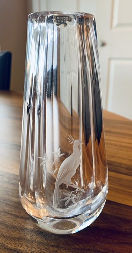 Vintage Signed Orrefors Crystal Bud Vase 4.5” – Etched Bird, Faceted, Sweden - Picture 4 of 16