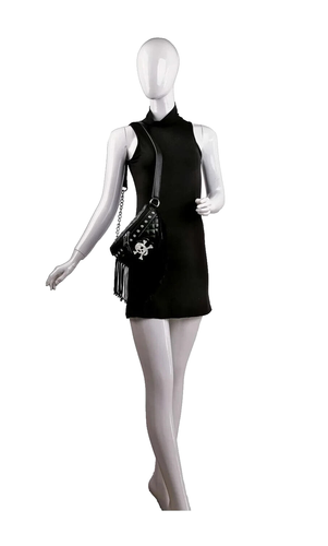 BLACK FRINGE SKULL & CROSSBONES FANNY PACK WITH RHINESTONES SHOULDER HIP BAG - Picture 4 of 5