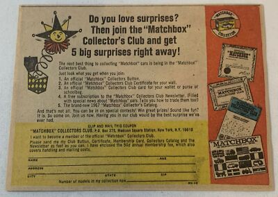 1967 Matchbox ad ~ Love Surprises? Join The Matchbox Collector's Club