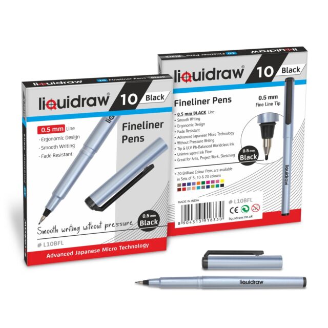 Pack of 10 BLACK Fineliners Pens 0.5mm Fine Liner Drawing Black Pigment Ink Pack of 10 BLACK Fineliners Pens 0.5mm Fine Liner Drawing Black Pigment Ink