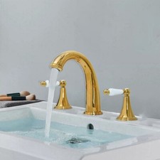 Golden Brass Widespread Bathroom Faucet Three Hole Sink Bathtub Water Tap 2nf990