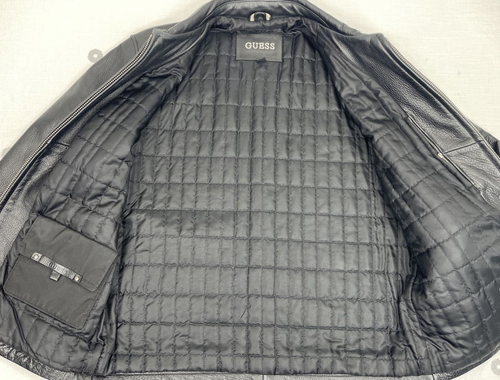 Guess Black Pebbled Heavy Weight Leather Quilt Lined Coat Jacket Mens Sz S EUC - Picture 4 of 9