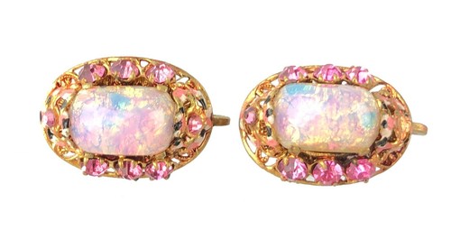 Vintage Ohrringe rosa Strass Faux Opal zum Anschrauben oval goldfarben Tschechoslowakei - Bild 10 von 12