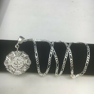 925-Sterling-Silver-Azteca-Maya-Calendar-Pendant-W-Necklace-24-inch