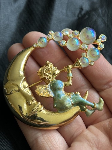 Kirks Folly Pipe Dream Fairy Brooch Pin Crescent Moon Rhinestones & Glass Enamel - Picture 5 of 12