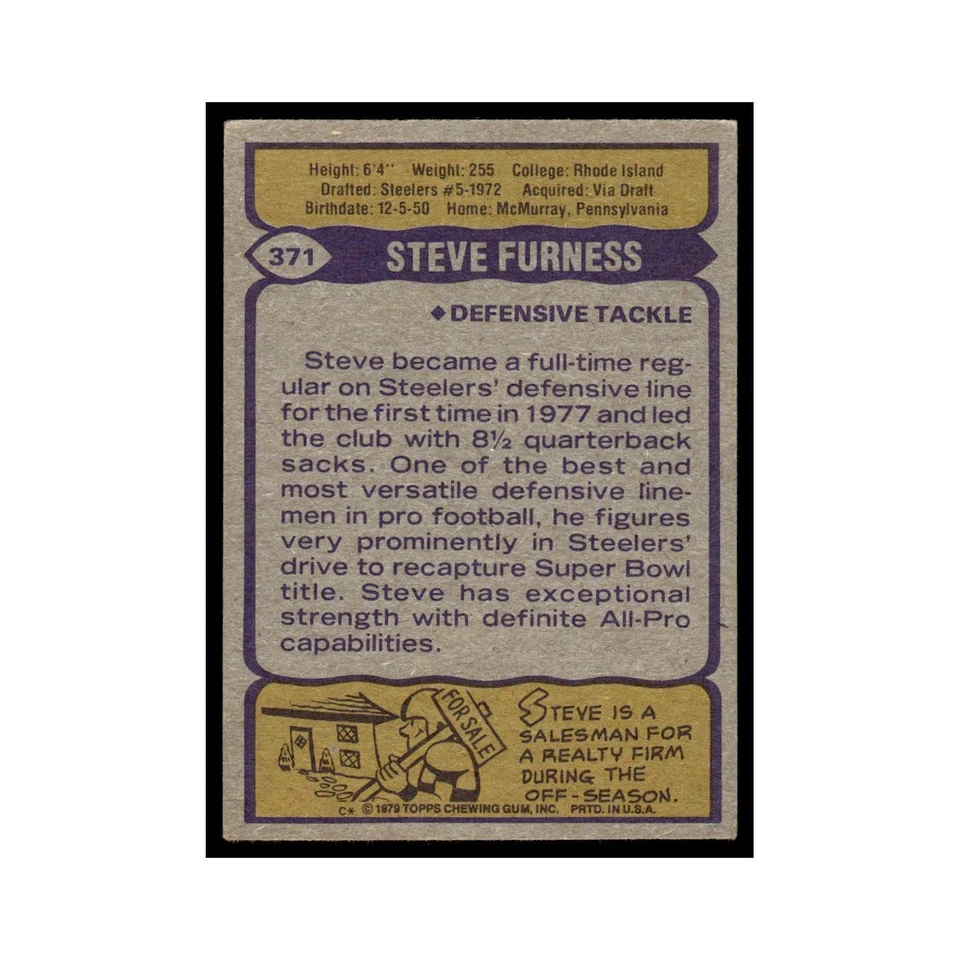 1979 Topps Football Card Steve Furness Steelers #371 - Image 2 of 3