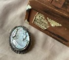 Pin Pendant Silver 800 Signed Vintage Abalone Inlay Carved Woman Cameo Brooch