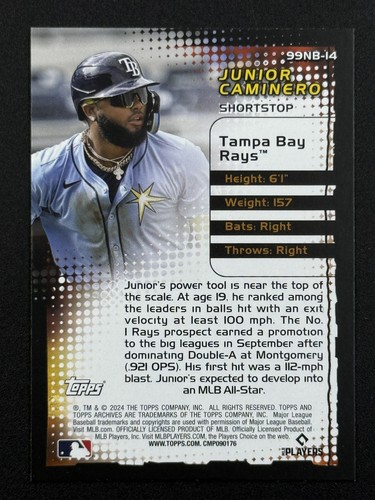JUNIOR CAMINERO RC 2024 Topps Archives New Breed #99NB-14 Tampa Bay Rays - Picture 2 of 2