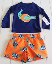 Dot & Zazz 2 Pc Navy LS Rash Guard Alligator Shirt & Swim Shorts Trunks 9-12M
