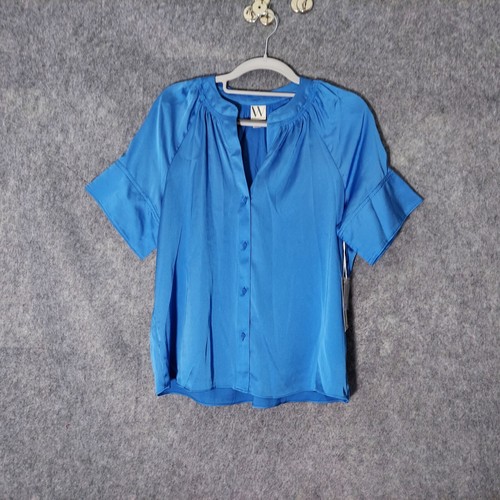 Worthington Blouse S Button Short Sleeve Satin Blue V Neck Pleated Lightweight - Picture 11 of 20