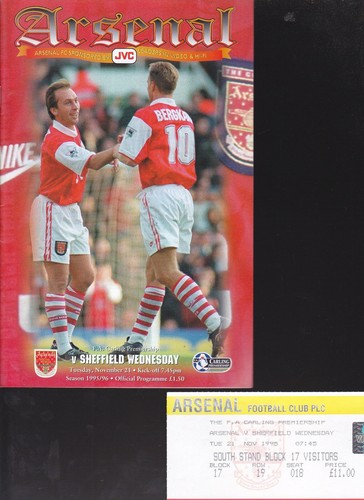 ARSENAL V SHEFFIELD 1995/96 MIÉRCOLES 21-11-1995 PREMIER LEAGUE Y BOLETO DE PARTIDO