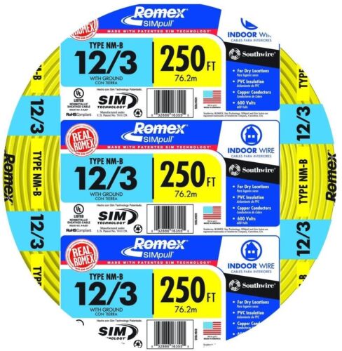 Romex 250 Ft 12/3 Solid SIMpull NM-B W/G Wire Electrical Indoor Home Building - Picture 1 of 5