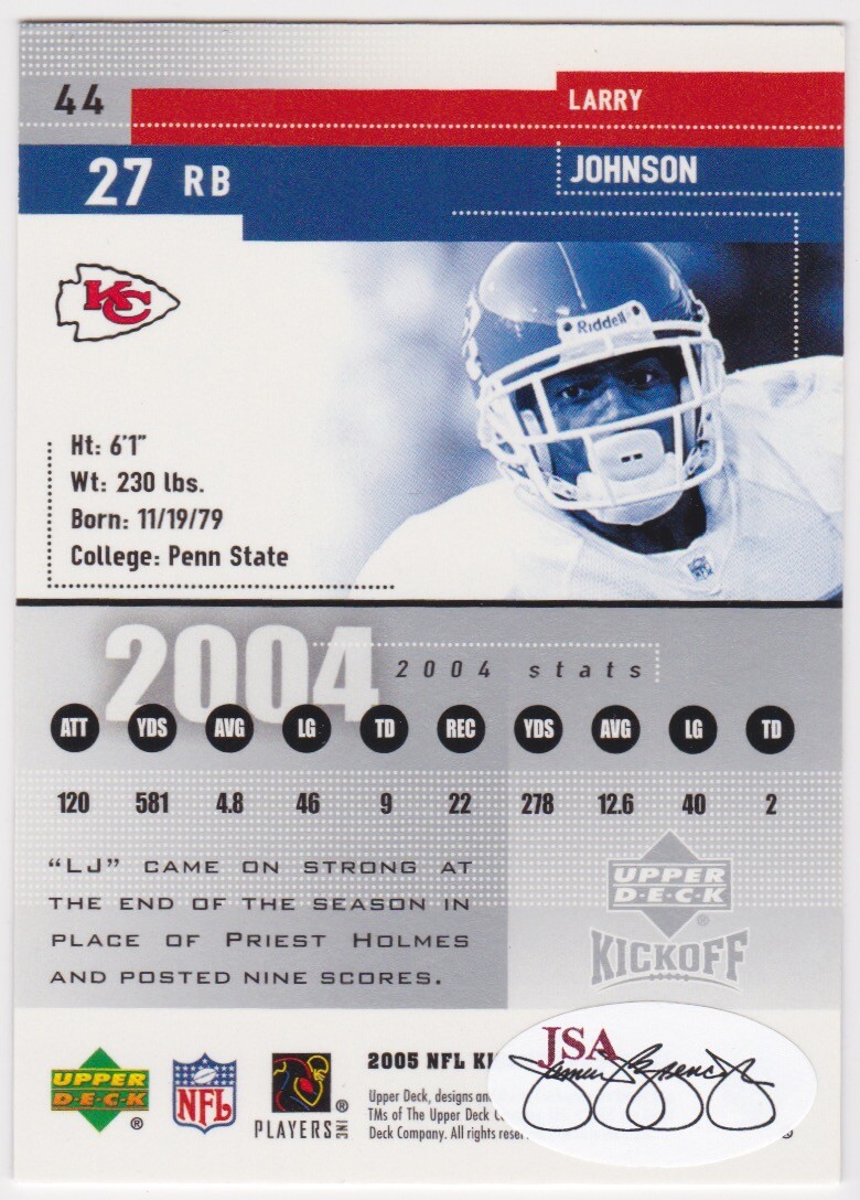 2004 UPPER DECK LARRY JOHNSON AUTO AUTOGRAPH SIGNED CARD #44 JSA