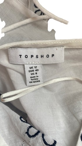 TOPSHOP blouse white black 3/4 Sleeve Cropped Top Embroidered Cotton sz 10 12 - Picture 3 of 5