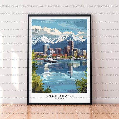 Anchorage Kunst Illustration Druck ungerahmt Anchorage Alaska Reise Poster Deko - Bild 1 von 2