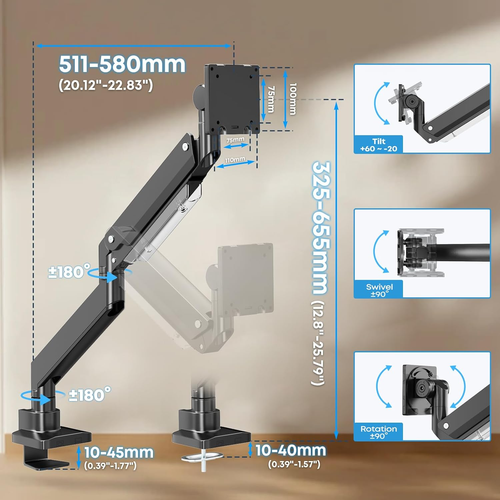 PUTORSEN Heavy Duty Monitorarm für 17-49" Flat & Curved Screen & VESA-Adapter - Bild 9 von 10