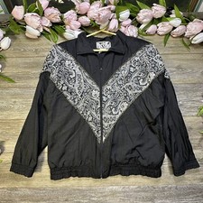 Vintage 80  s Windbreaker Bomber Jacket Size Medium Womens Black Nylon Mom
