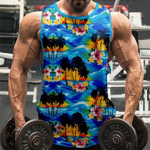 Men Hawaiian Vest Tops Printed Hawaii Mesh Net Shirt Beach Party Gym Tank Tee ✨ - Picture 21 of 31
