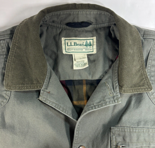 LL Bean Field Coat Plaid Flannel Lined Green Canvas Chore Barn Utility Jacket LG - Picture 2 of 17