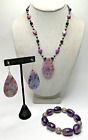 Ce17. Set of Necklace, Earrings & Bracelet Charoite Beaded and Sterling Silver