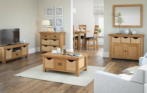 Oakvale Oak Corner TV Unit with Wicker Drawers / Oak Corner Tv Stand / Built - Picture 18 of 24